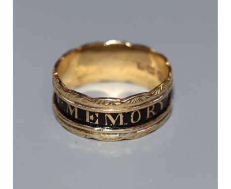 A late Victorian 18ct gold and enamel 'In Loving Memory Of' family mourning ring, with inscription, 'Mary Yocall, Born June, 