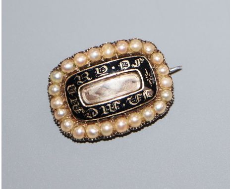 A William IV yellow metal, enamel and split pearl family mourning brooch with inscription "James Peter Burrell Obt May 20th a