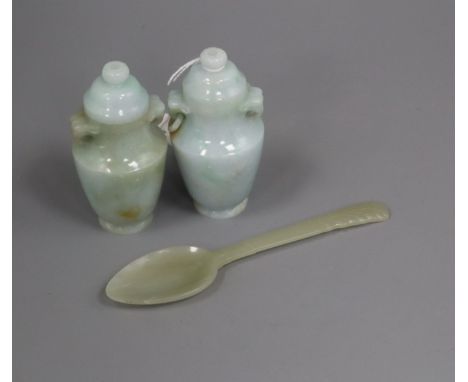 A pair of jade miniature vases and a spoon