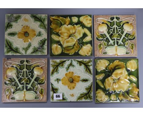 Three pairs of Art Nouveau style tiles 15cm sq.