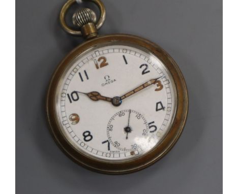 An Omega nickel? cased keyless open faced pocket watch, the case back inscribed 'G.S.T.P. F032340' below broad arrow.