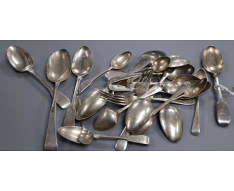 A small group of assorted 19th century and later silver flatware, mixed dates and makers, 24 oz.