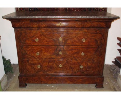 COMMODE, 19th century French Louis Philippe burr walnut with five long drawers and St Annes veneered grey marble, 130cm x 55c