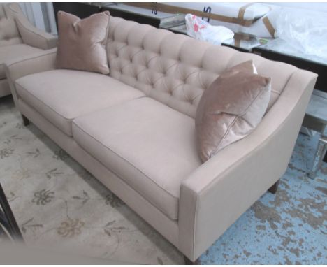 SOFA, two seater, in beige fabric, button back on square supports with two scatter cushions, 195cm L. 