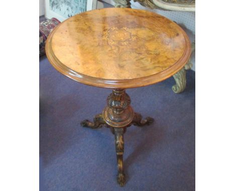 LAMP TABLE, mid Victorian burr walnut with circular inlaid top on carved tripod supports, 51cm x 75cm H.