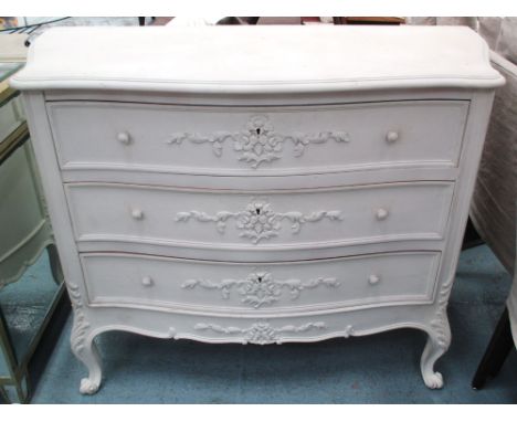 SERPENTINE COMMODE, Louis XV style white painted with three drawers, 88cm H x 115cm W x 52cm D. (with faults, marks to top)
