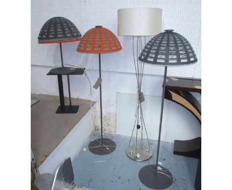 STANDARD LAMPS, a pair, by Zero Euroluce Milano, with shades, 148cm H, plus a matching table lamp, 57cm H (with faults) and a