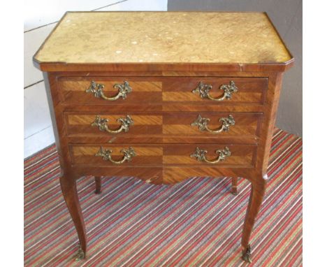 PETITE COMMODE, late 19th/early 20th century French tulipwood with marble top above three drawers, 71cm H x 60cm W x 37cm D. 