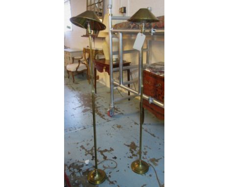 STANDARD LAMPS, a pair, adjustable of compact form with brass shades, approx 148cm H. (2) (with faults)
