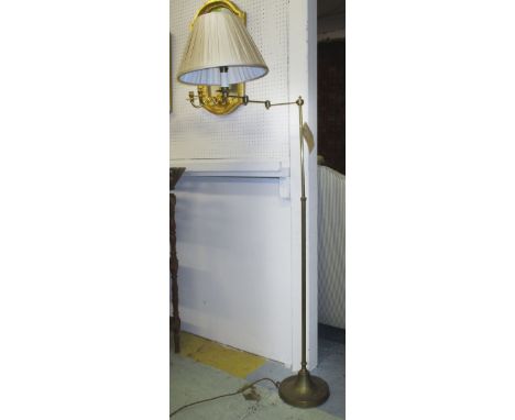 FLOOR READING LAMP, adjustable brass arm with pleated shade, 125cm lowest H. 