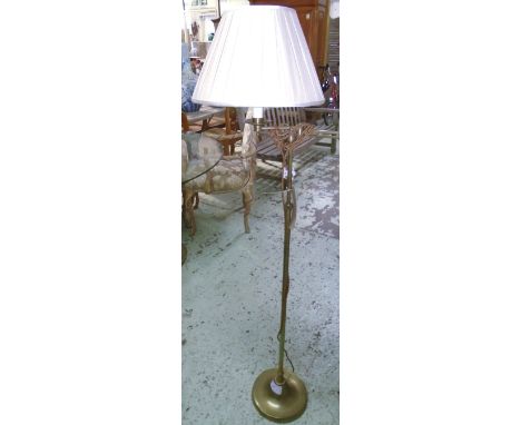 FLOOR READING LAMP, adjustable brass arm with pleated shade, 125cm lowest H. 