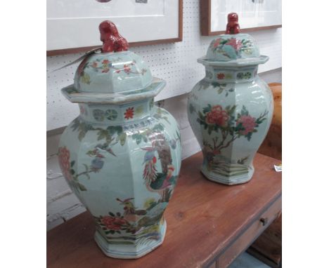 ORIENTAL VASES, a pair, Chinese ceramic of lidded octagonal form, 66cm H. (2)
