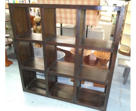 DISPLAY SHELVES, dark wood enclosing nine box shelf compartments, 151cm L x 150cm H x 40.5cm D. (with faults)