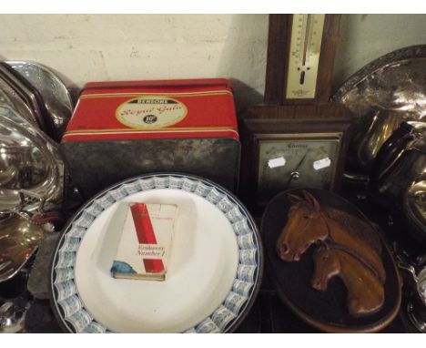 A Tray of Sundries to Include Warming Plate, Cutlery Boxes, Benson's Royal Gala Tin, Oak Art Deco Barometer Etc. 