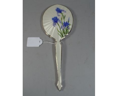 A Pretty Enamelled Silver Hand Mirror with Iris Decoration in Multicoloured Enamels 28 Cm Long.