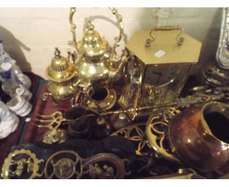 A Tray of Brass and Copper Wares to Include Sprit Kettle, Horse Brasses, Toasting Fork, Flat Iron Stands Etc. 