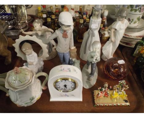 A Tray Containing Six Nao Figural Ornaments, Glass Paperweight by Selkirk, Aynsley Little Sweetheart Clock Etc.