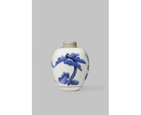 A SMALL CHINESE BLUE AND WHITE 'THREE FRIENDS OF WINTER' JAR KANGXI 1662-1722 The ovoid body painted with bamboo, prunus and 