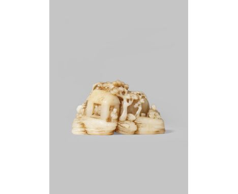 A SMALL CHINESE SOAPSTONE BOULDER LATE QING DYNASTY Carved with huts and figures engaged in daily life amongst trees beside a