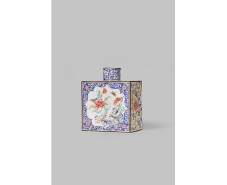 A CHINESE CANTON ENAMEL TEA CANISTER 18TH CENTURY With a rectangular-section body finely painted with panels containing birds