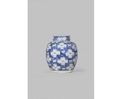 A CHINESE BLUE AND WHITE 'PRUNUS' JAR KANGXI 1662-1722 The ovoid body painted with prunus blossoms against a cracked-ice grou