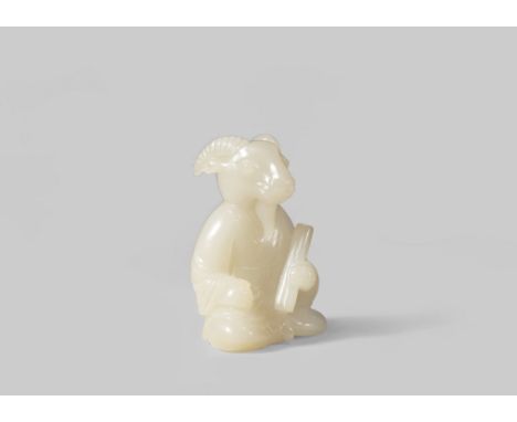 A CHINESE WHITE JADE CARVING OF A ZODIAC ANIMAL QING DYNASTY OR LATER With a human body and the head of a ram with curved hor