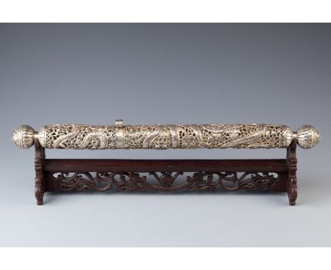 A CHINESE SILVER SCROLL CASE LATE QING DYNASTY The cylindrical reticulated body decorated with coiled dragons, scrolling clou