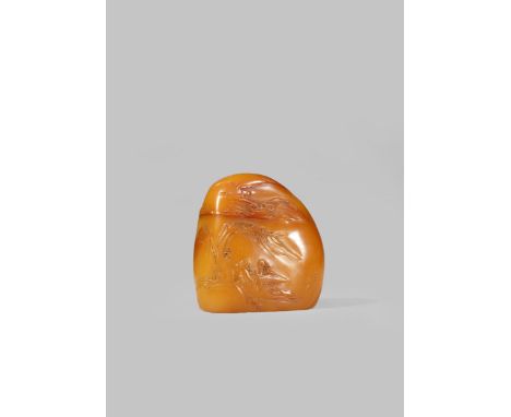 A CHINESE SOAPSTONE SEAL REPUBLIC PERIOD Carved as a boulder with two scholars under a tree by the water's edge, inscribed wi