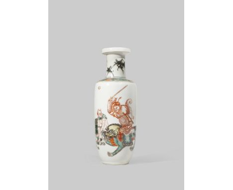 A CHINESE FAMILLE VERTE 'ZHONG KUI' ROULEAU VASE KANGXI 1662-1722 Painted with the hero riding a mythical beast swinging his 