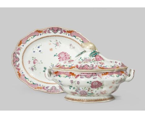 A CHINESE FAMILLE ROSE TUREEN, COVER AND STAND 18TH CENTURY Painted in enamels and gilt with floral sprays, panels of diaper 