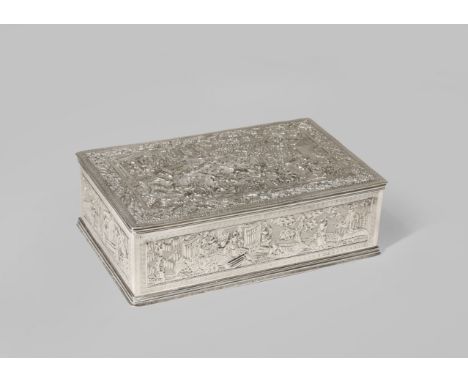 A CHINESE SILVER BOX LATE QING DYNASTY OR LATER Decorated with repoussé and chased panels of hunting scenes, an indistinct pu