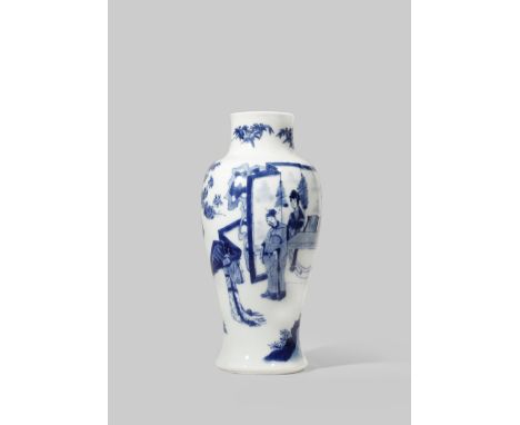 A CHINESE BLUE AND WHITE BALUSTER VASE KANGXI 1662-1722 Painted with a noble couple and their assistants on a terrace, with s