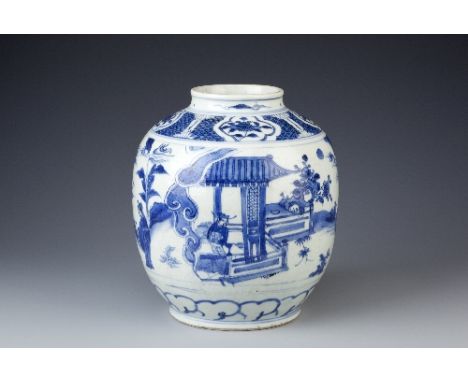 A CHINESE BLUE AND WHITE JAR WANLI 1573-1620 The ovoid body with a short neck painted with figures in a landscape near a pavi