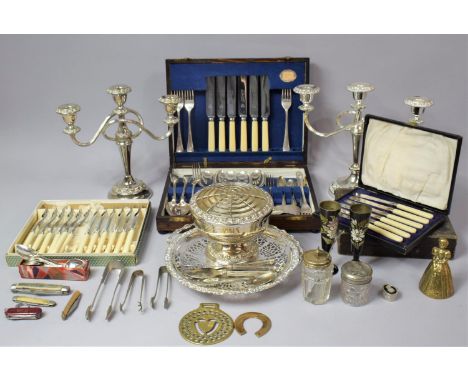 A Collection of Silver Plate to Include Two Three Branch Candelabra, Rose Bowl, Condiment Pots, Cutlery etc 