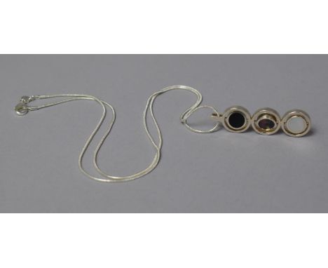 A Modern Silver Chain with Silver Three Tier Pendant Having Swivel Circular Mounts with Mother of Pearl Discs by A J Sheffiel