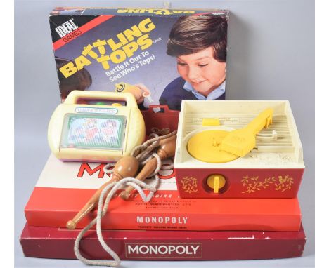 A Collection of Vintage Toys and Games to Include Monopoly, Battling Tops, Fisher Price Record Player, Cabbage Patch Kids Mus