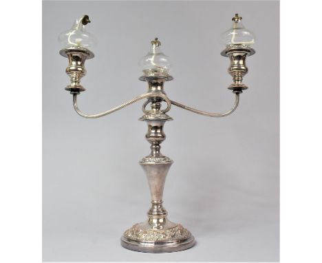 A Mid 20th Century Silver Plated Three Branch Candelabra with Two Oil Lamps, Unused, Candelabra 31.5cm high 
