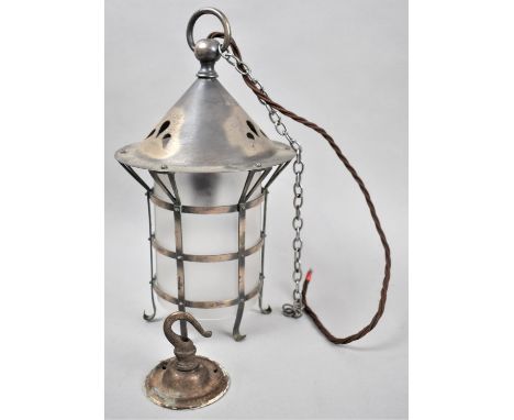 An Arts and Crafts Ceiling Hanging Hall light Fitting of Circular Form with Opaque Glass Shade, 30cms High 