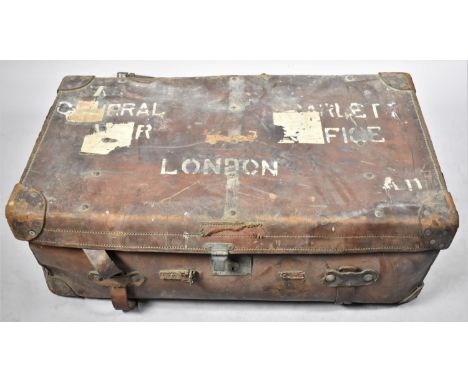 A Large Leather Military Travelling Trunk, Inscribed for General Scarlett War Office London, 93cm wide 