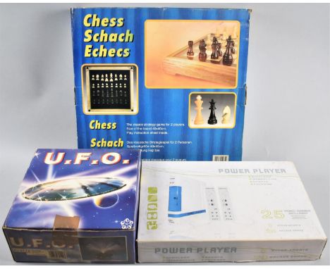 A Vintage UFO Flash Lamp, Vintage Power Player Video Game and a Chess Set 