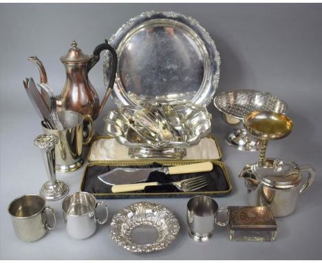 A Collection of Silver Plated Metal Wares to include Cased Fish Knife and Fork, Tray, Plated Coffee Pot, Various Cutlery, Tan