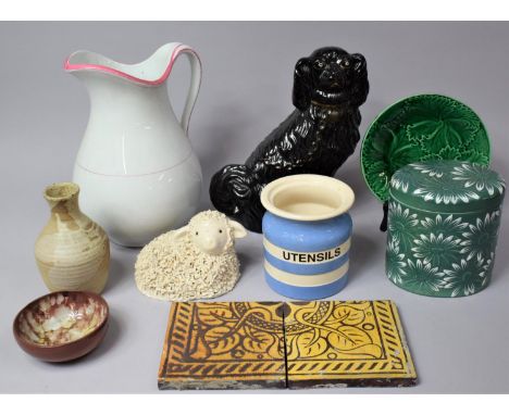 A Collection of Various China to comprise Black Glazed Staffordshire Dog, Water Jug, Two 19th Century Tiles, Cornish Blue ute