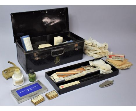 A George VI Metal First Aid Box with Contents, 44cms Wide, 20cms Deep and 15.5cms High 
