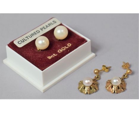 A Pair of 1970's Modernist Pearl Earrings Mounted in Gold and a Similar Pair with Gold Posts 