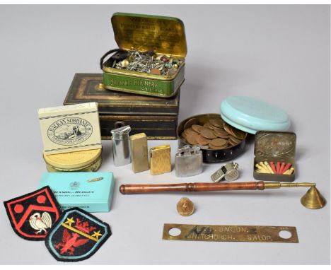 A Collection of Curios to Include Lighters, Cribbage Board Markers, British Coins, Turkish Cigarettes, 9ct Gold Baby Brooch (