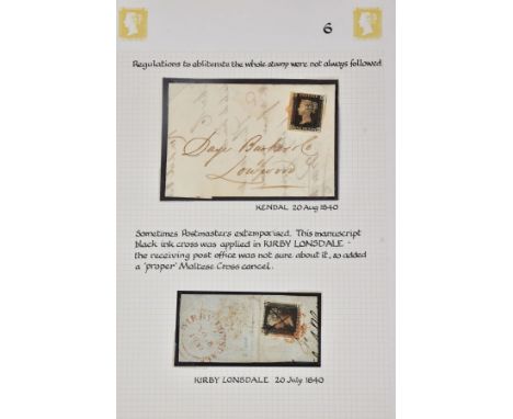 GB 1840 PENNY BLACK EA 4 margins on cover and one other on piece cancelled by manuscript cross at Kirby Lonsdale