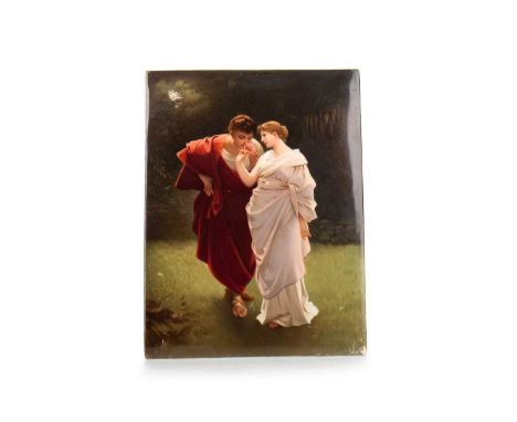 KPM PORCELAIN PLAQUE, LIEBESFRUHLING NACH P SHUMANN hand painted enamel scene of two lovers, titled with impressed marks to r