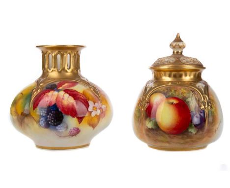 ROYAL WORCESTER POT POURRI WITH COVER, ALONG WITH A VASE  each painted with fruit, the vase by Kitty Blake, the pot pourri by