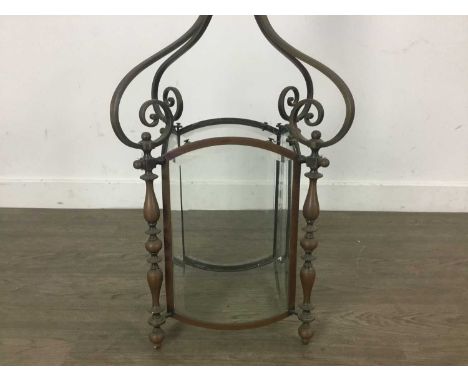ART NOUVEAU COPPER HALL LANTERN, LATE 19TH / EARLY 20TH CENTURY  the four scroll suspensions over double baluster columns and