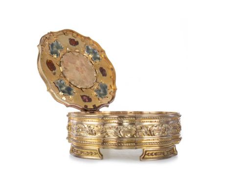 FRENCH ORMOLU TRINKET BOX, LATE 19TH CENTURY  of serpentine outline, the hinged cover inset portrait miniature on ivory, bord